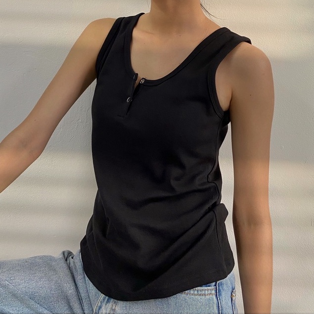 Áo Ba Lỗ Nữ Trắng Gài Nút Trắng, Đen - BURTT - Hashtagem ( Freesize dưới 55kg )