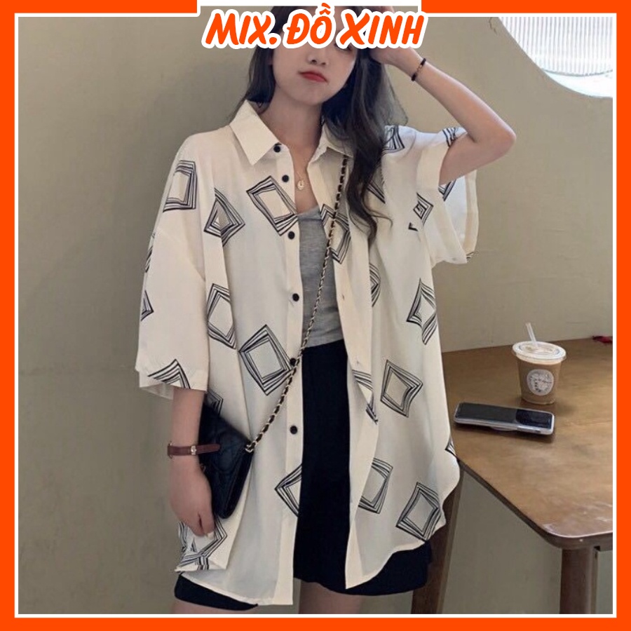 Áo sơ mi nữ form rộng tay lỡ, sơ mi kiểu nữ Mix. Đồ Xinh, chất liệu Đũi trơn mịn mát in hình Ô Vuông Đen Trắng