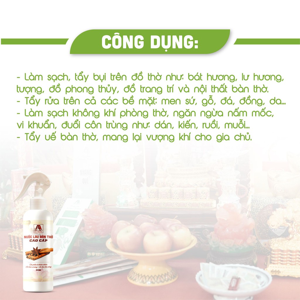 Nước lau bàn thờ cao cấp, chuyên dụng lau bàn thờ, tinh chất quế và thảo mộc giúp tẩy quế 250ml