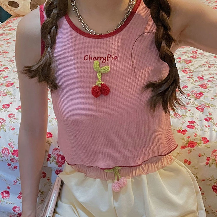 Jiashucheng Waffle Áo Thun Nhỏ Hai Dây Thêu Họa Tiết Cherry Phong Cách Nhật Bản Ngọt Ngào Dành Cho Bạn Nữ Mặc Bên Trong