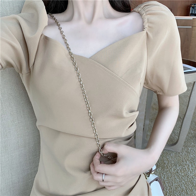 AMOI Đầm Tay Phồng Xếp Ly Dáng Ôm Phong Cách Pháp Thời Trang Cho Nữ