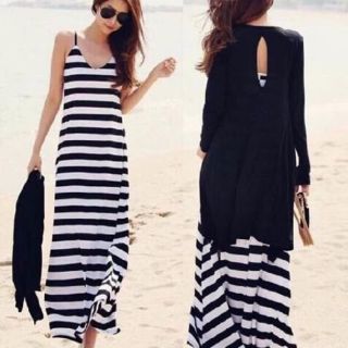 Set đầm maxi sọc kèm khoác đen