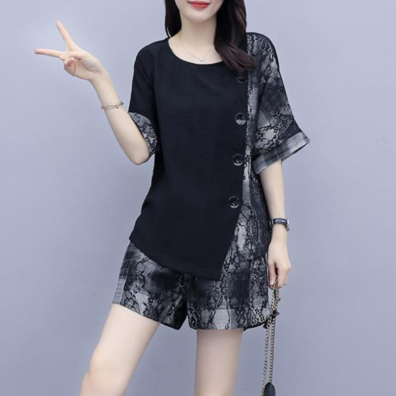 Bộ Đồ 2 Món Áo Tay Ngắn + Quần Short Ống Rộng Dáng Suông In Họa Tiết Vintage Thời Trang Cho Nữ