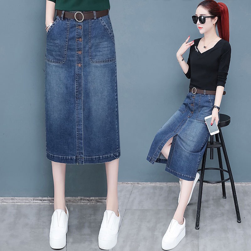 Chân váy jean co giãn 4 chiều mã xẻ trước hot trend - JQ6 - hàng co giãn mặc cực kỳ thoải mái