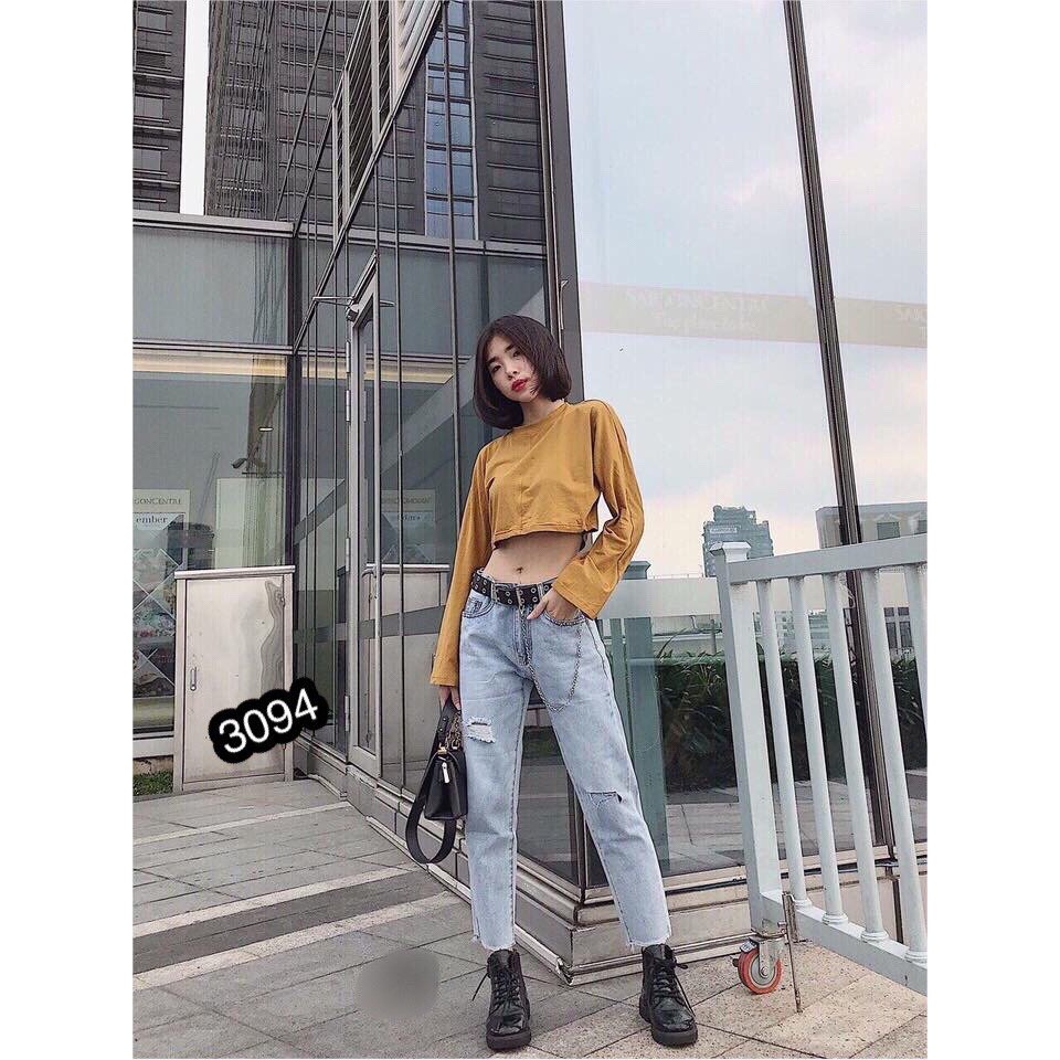 Quần Jeans Nữ Rách Gối Cao Cấp OHS3094