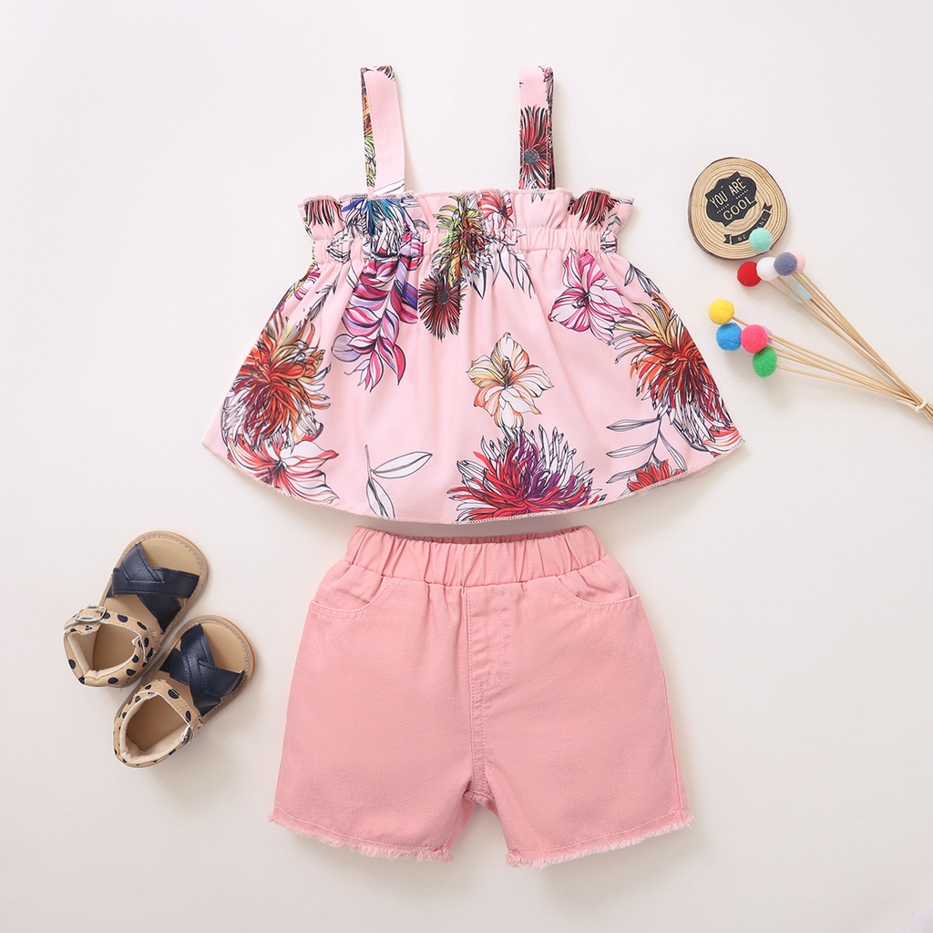 Set đồ 2 món Mikrdoo gồm áo hai dây in hoa và quần ngắn dễ thương mùa hè cho bé gái
