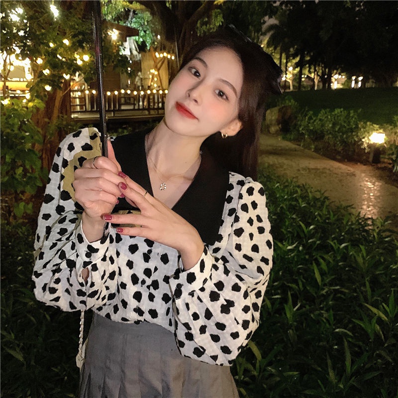 Áo sơ mi BH chấm bi cổ búp bê dài tay thời trang Hàn Quốc dành cho nữ 2022