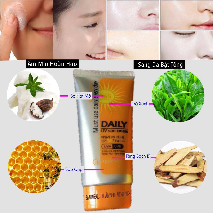 Kem Chống Nắng DAILY UV Sun Cream SPF50+PA+++ Kcn vật lý kiềm dầu dành cho da dầu, da nhạy cảm, nâng Tone, không bết