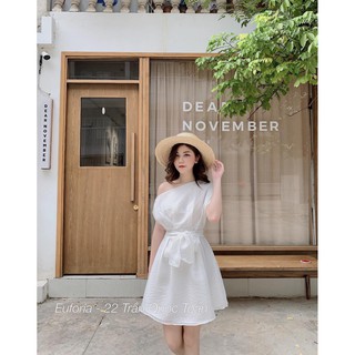 💖Đầm Trắng Lệch Vai Kèm Dây Cột Eo, Váy Trắng Sang Chảnh - Keli Store💖