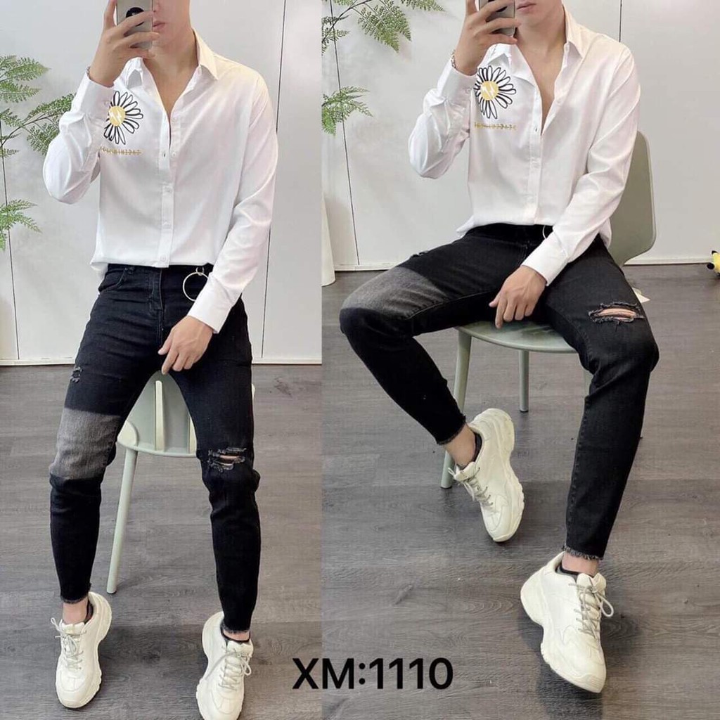 QUẦN JEAN NAM DÁNG SLIMFIT THỜI TRANG RÁCH PHỐI MẢNG NHẠT TRẺ TRUNG CHẤT JEAN COTTON CO GIẢN NHẸ