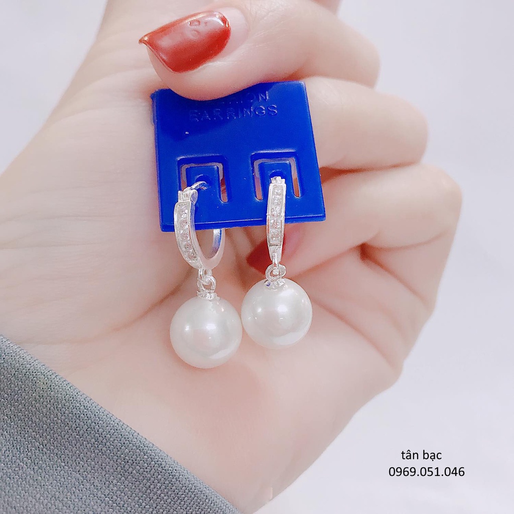 Khuyên tai nữ , bạc thật mix hạt ngọc to , tròn đều - trang sức tân bạc