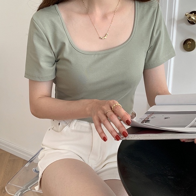 Áo Thun Mỏng Cổ Vuông Ngắn Tay Dáng Ôm Thời Trang Mùa Hè 49113