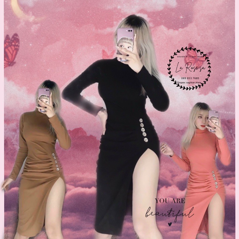 Đầm Body Tay Dài Xẻ Tà Cổ Lọ Nút Kiểu ✨