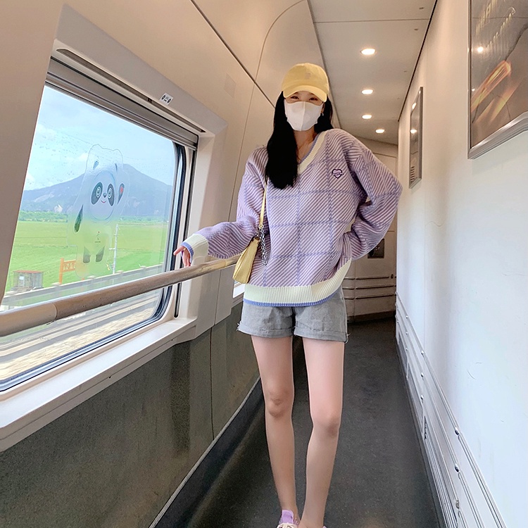 Áo sweater SUXI dệt kim cổ v dáng rộng kẻ sọc kiểu vintage thời trang mùa thu cho nữ