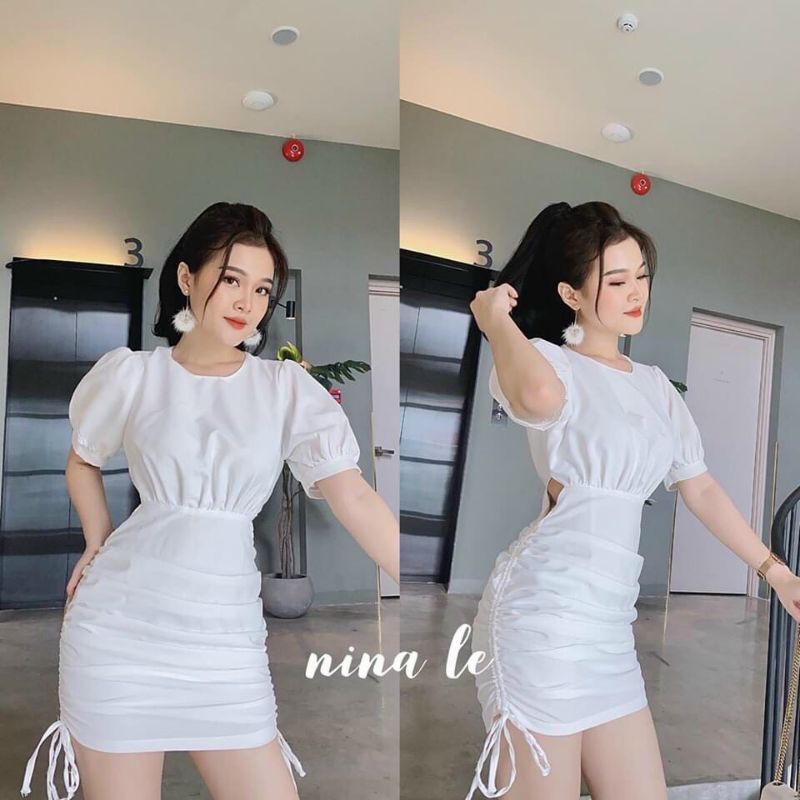 Đầm body cổ tròn tay phồng rút dây hai bên hông