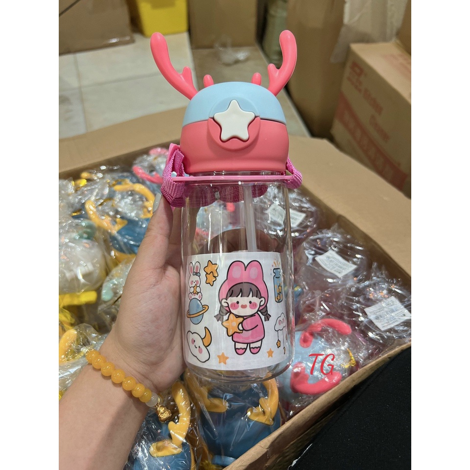 Bình tập uống, bình uống nước cho bé 350ml tai hươu (tặng kèm ống hút và dây đeo)