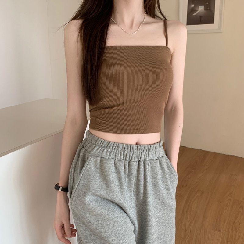 Áo Ống Hai Dây Dệt Kim Mỏng Màu Trơn Có Đệm Ngực Với Họa Tiết Kẻ Sọc Cho Nữ