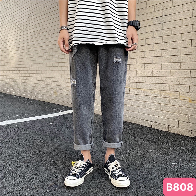 Quần jean baggy nam đen rách gối kéo khóa chất bò cao cấp co dãn 4 chiều from dáng rộng ống suông đẹp havado 900 mới