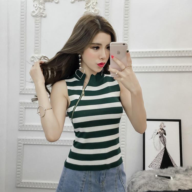 Áo len nữ khóa kéo sọc ngang Hàn Quốc, Áo sát nách nữ khóa kéo sexy dáng đẹp kiểu Hàn Quốc