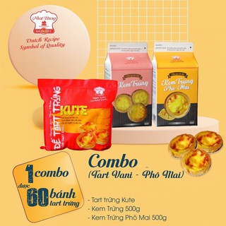 [HỎA TỐC HÀ NỘI] Combo 60 bánh tart trứng mini kute 720g+ Kem trứng vani 500g+ Kem trứng phomai 500g Nhất Hương