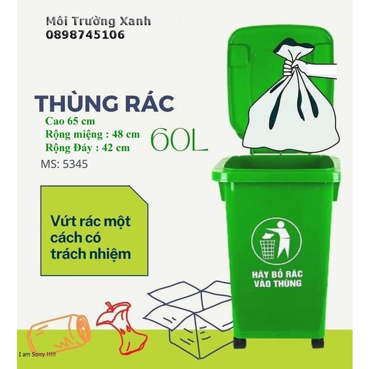 Thùng rác nhựa 60L  dùng cho hộ gia đình, Nhựa HDPE nguyên sinh chịu nhiệt cao