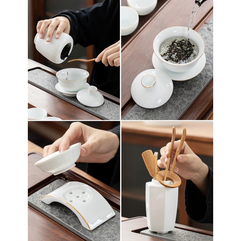 Bộ ấm chén pha trà đạo bằng sứ Bạch Định Thấu Quang 15 Chi Tiết như hình