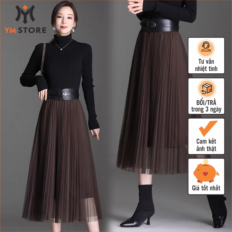 Chân váy nữ xếp ly dài, chân váy voan kèm đai da siêu cấp YM26 - YM STORE