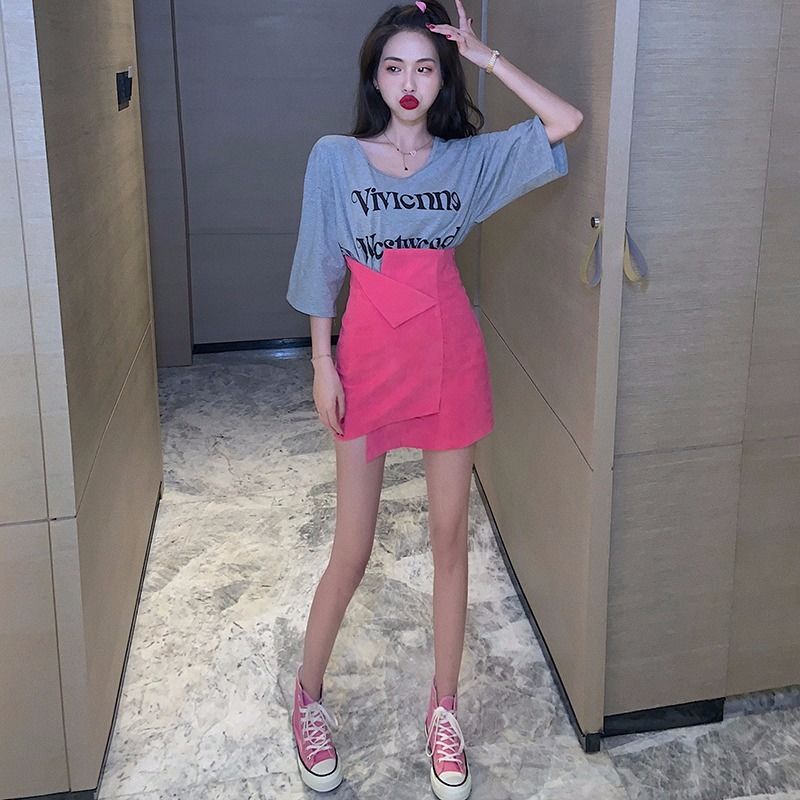 Summer suit women's 2021 new Korean version loose blouse + irregular skirt leisure fashion two-piece set