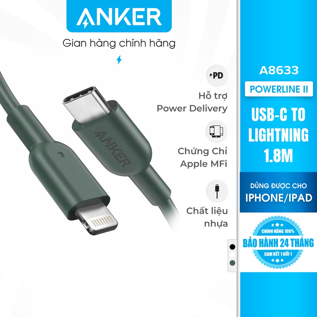 Cáp sạc ANKER PowerLine II Lightning to USB-C dài 1.8m – A8633
