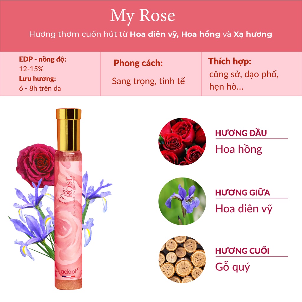 Nước hoa chính hãng,adopt nước hoa pháp My Rose hương hoa hồng cuốn hút, quyến rũ dung tích 30ml