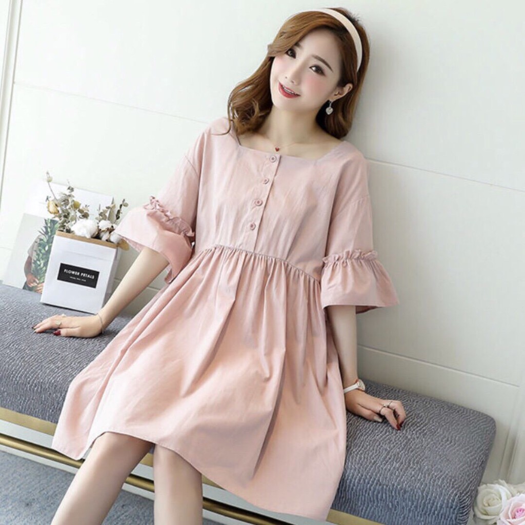 [ẢNH THẬT CUỐI] Đầm Xoè Babydoll Hồng Dễ Thương Đính Cúc Tay Loe - DX076