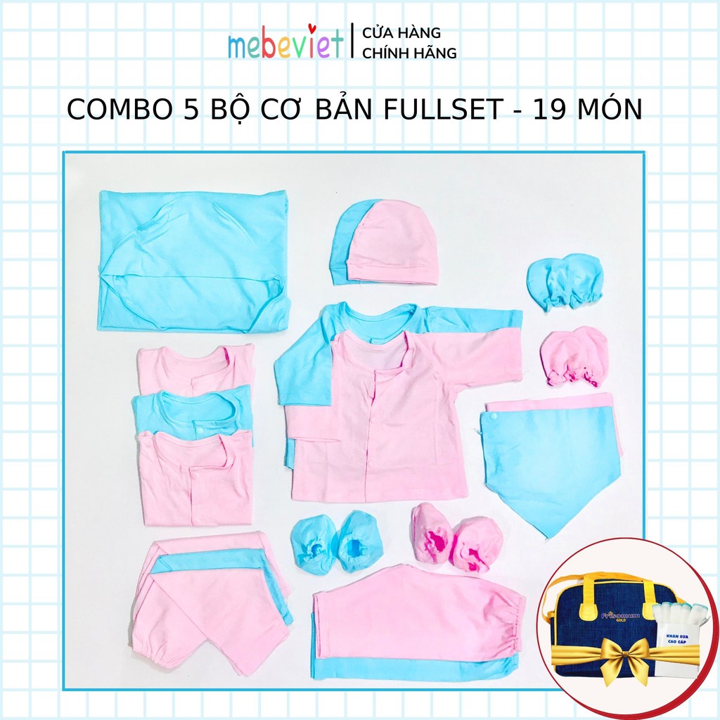 COMBO 5 BỘ CƠ BẢN FULLSET 100% cotton cao cấp ( khăn sữa áo+ quần+ nón + yếm + bao tay + chân )