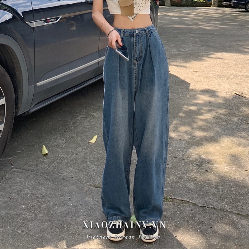 Quần jeans nữ XIAOZHAINV ống rộng lưng cao phong cách cổ điển