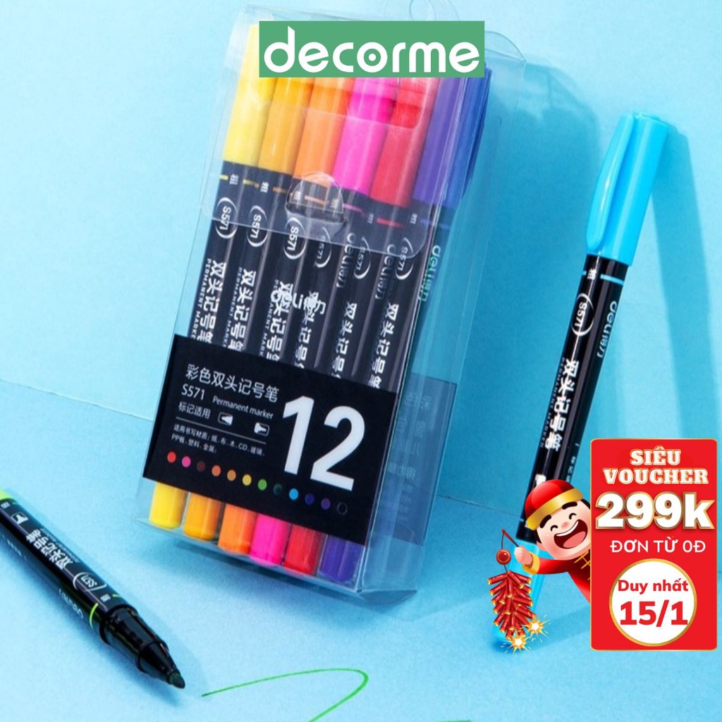 [Mã LIFEXANH03 giảm 10% đơn 500K] Bút marker 2 đầu DELI S571, set 12 bút nhiều màu viết trên mọi chất liệu DecorMe