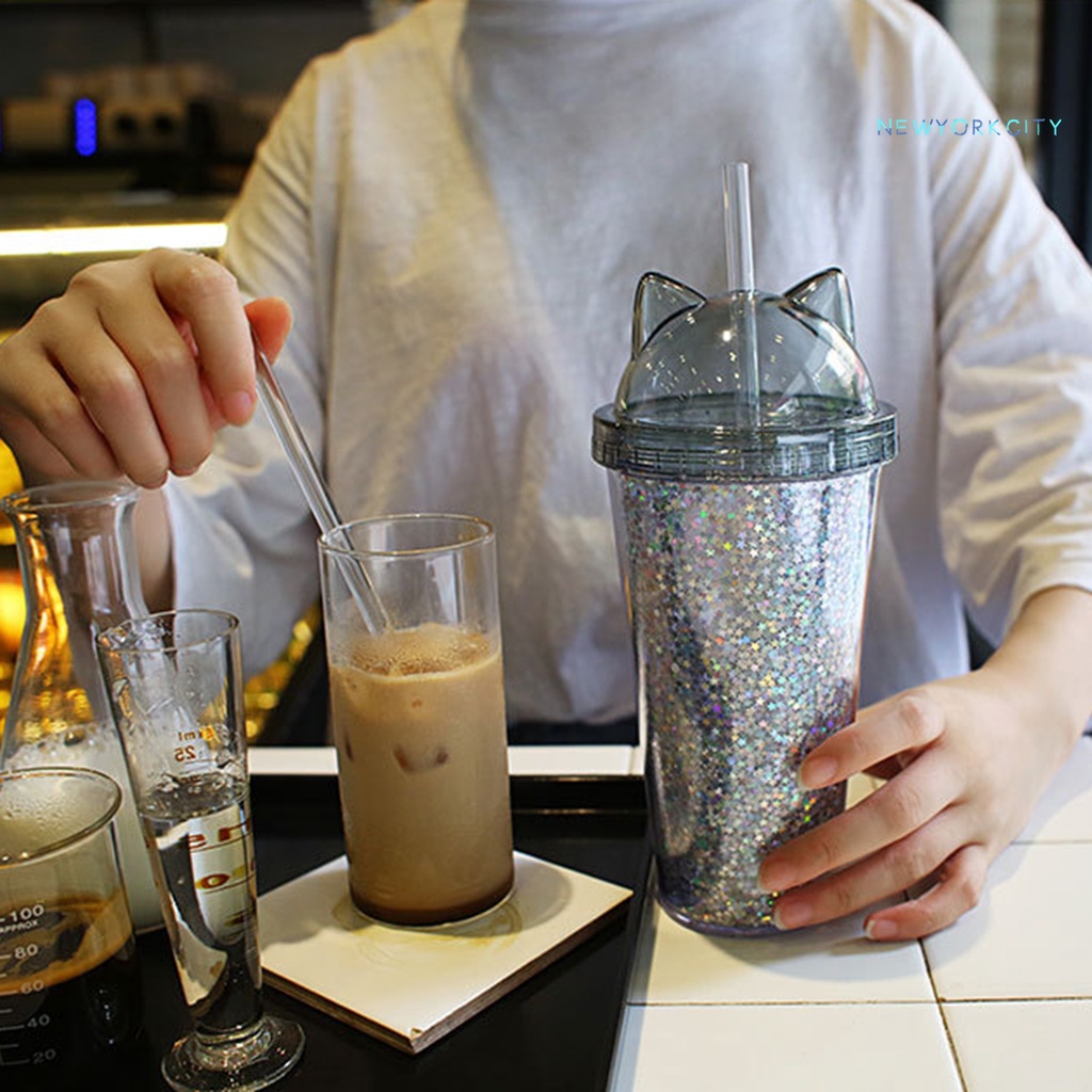 Cốc Uống Nước 420ml Cách Nhiệt Kèm Ống Hút Đính Kim Sa Đáng Yêu