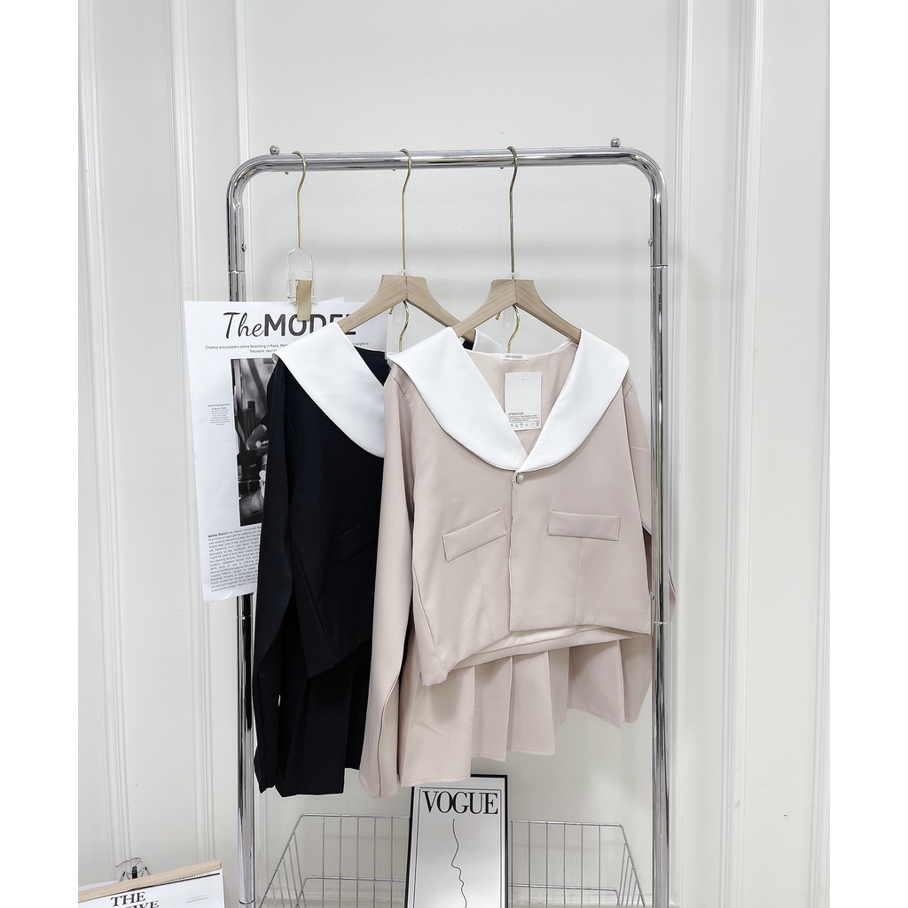 Set váy vest phối cổ lá 2 lớp chân váy xếp li chất tuyết mưa DN00223
