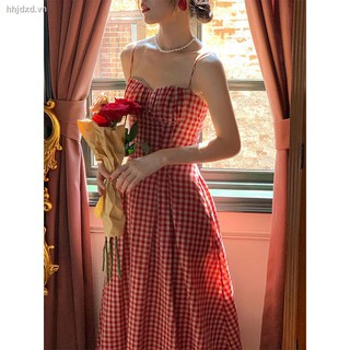 Váy hai dây dáng dài họa tiết kẻ sọc caro thời trang mùa hè kiểu Pháp cổ điển 2021 31