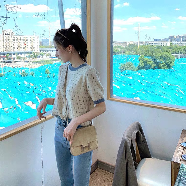 Áo croptop dệt kim SUXI tay ngắn cổ tròn phong cách mùa hè thời trang cho nữ