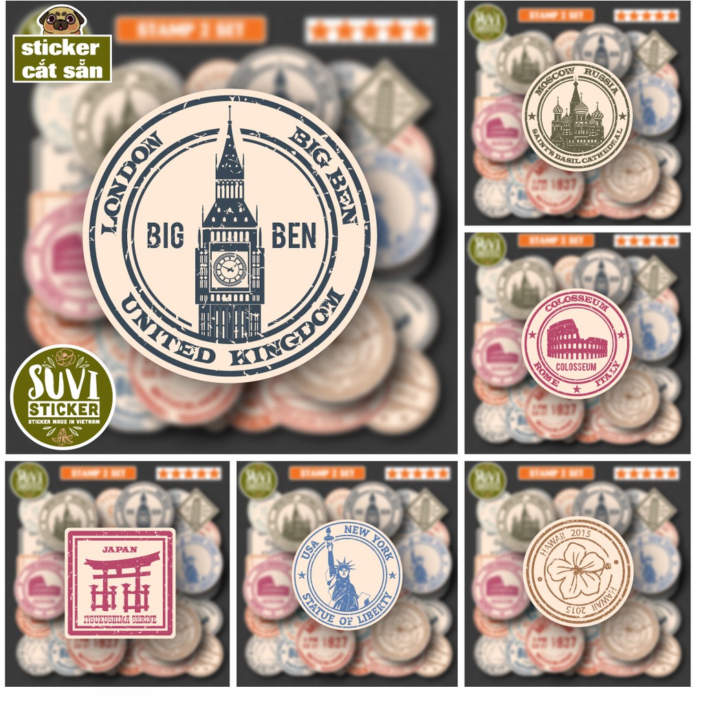 50 Sticker Retro Stamp 2 chống nước sticker dán laptop, điện thoại, đàn guitar, mũ bảo hiểm. MSP: V16