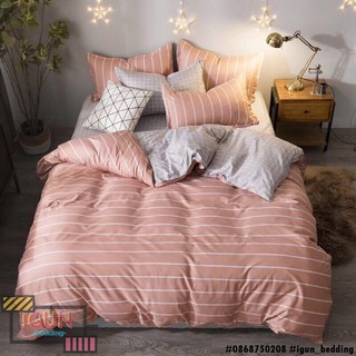 set KẺ NGANG HỒNG ĐẬM bộ Chăn Ga Gối 4 món Poly cotton HÀN QUỐC 100%