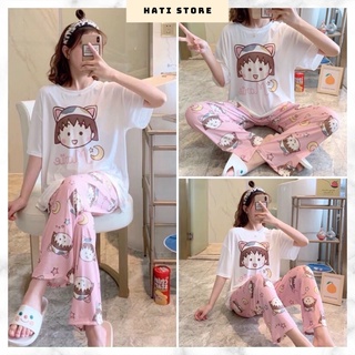Set Quần Ống Rộng Áo Thun in hình cô gái mèo, set bộ nữ đẹp mặc nhà màu hồng NA50