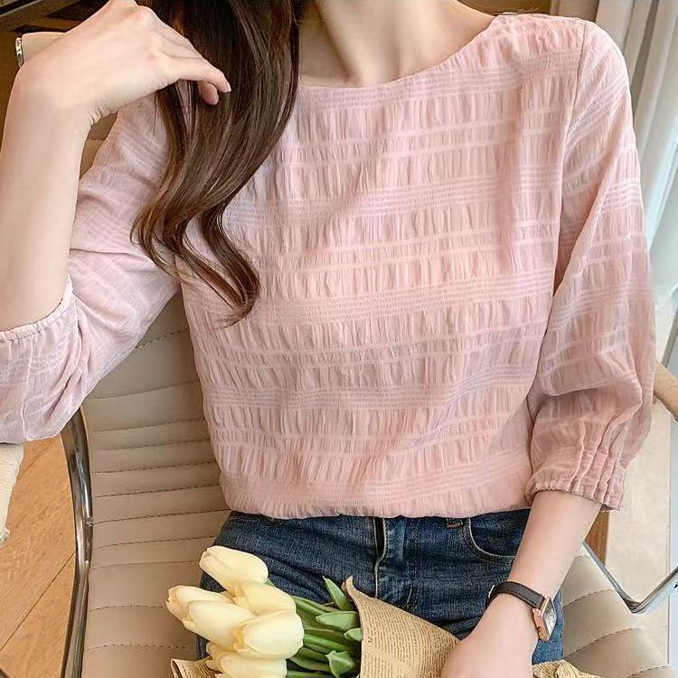Áo Sơ Mi Chiffon Tay Lửng Cổ Tròn Màu Trơn Thời Trang 2022