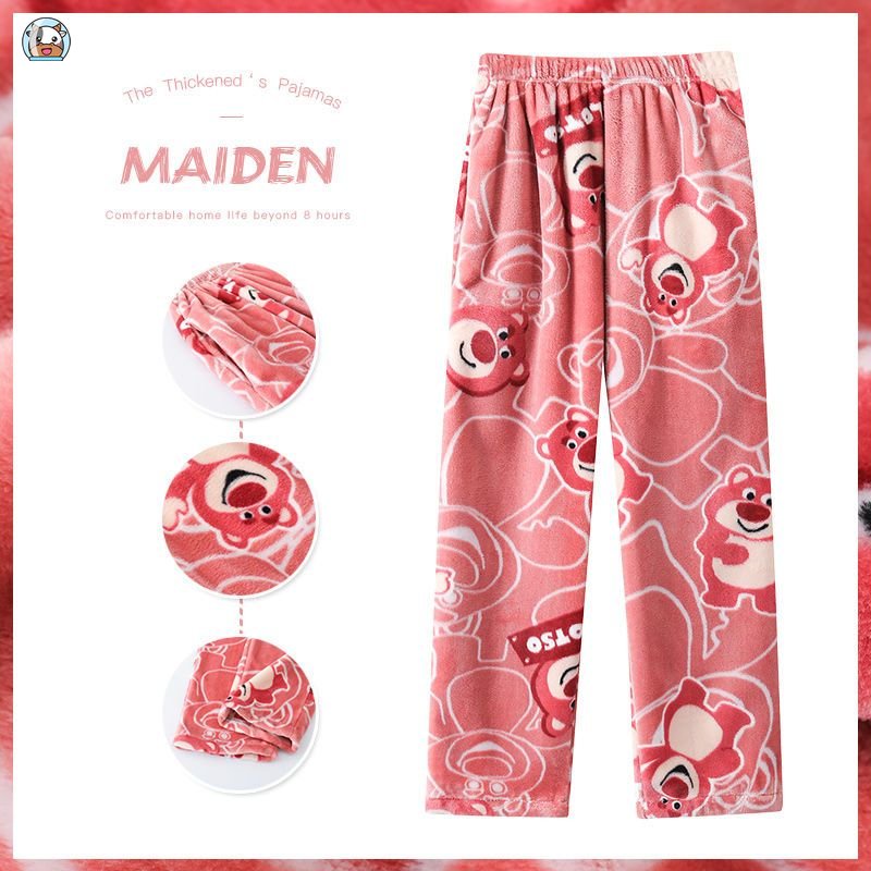 Strawberry bear pajamas for women in autumn and winter, velvet thickened coral velvet trousers, cartoon warm keeping loose household trousers