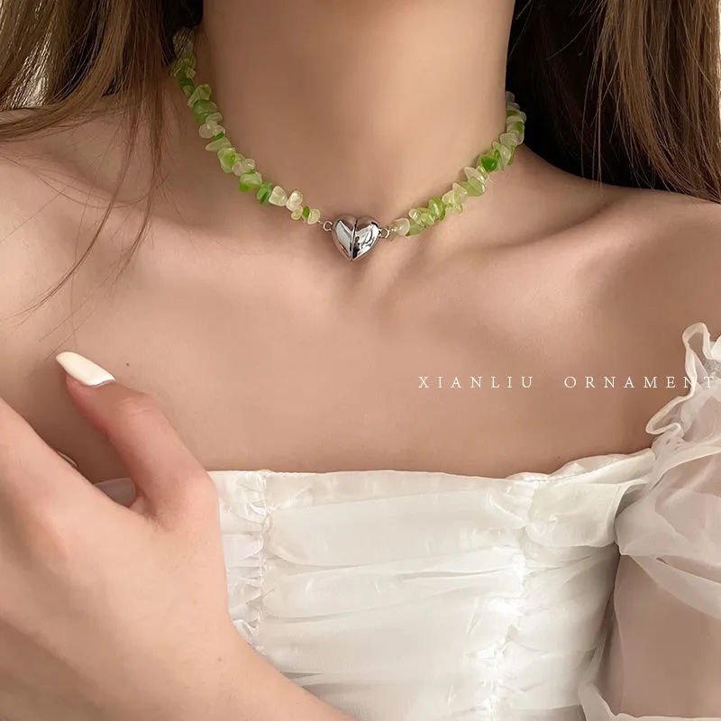 Vòng Cổ Chuỗi Hạt Đá Tự Nhiên Trái Tim Từ Tính Cao Cấp Phong Cách Hàn Quốc Thời Trang Mùa Hè Cho Nữ