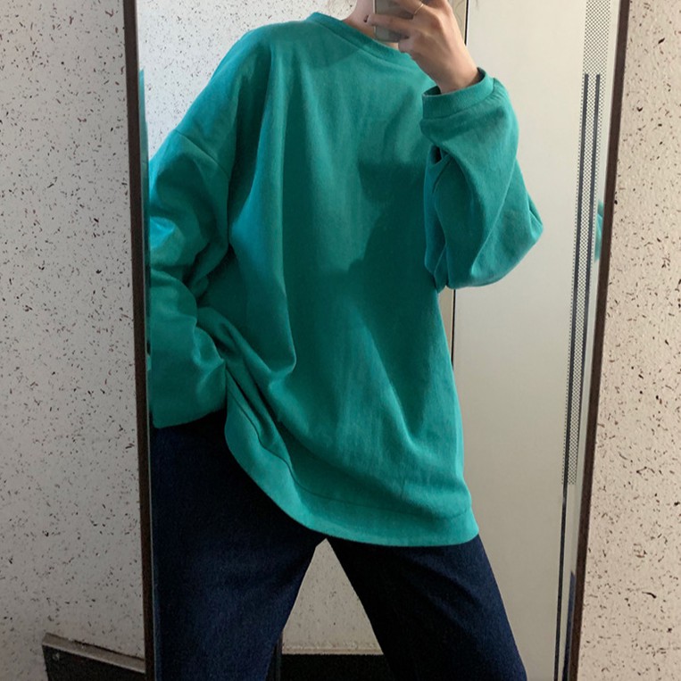 Áo Hoodies Dáng Rộng Tay Dài Màu Trơn Phong Cách Hàn Quốc Cho Nữ