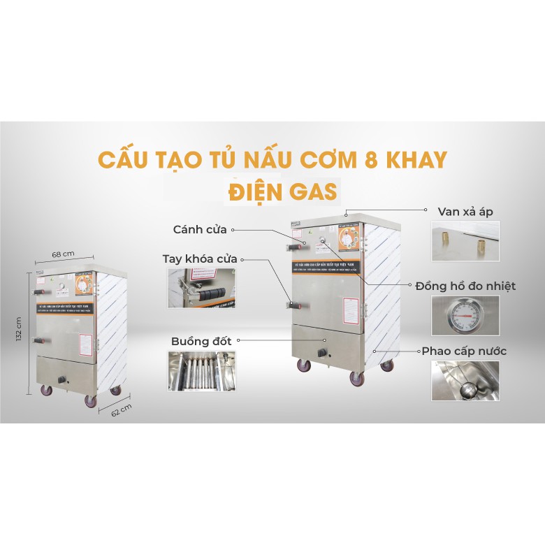 Tủ nấu cơm 40 kg gạo/mẻ 8 khay bằng điện gas NEWSUN Việt Nam - Bảo hành 12 tháng