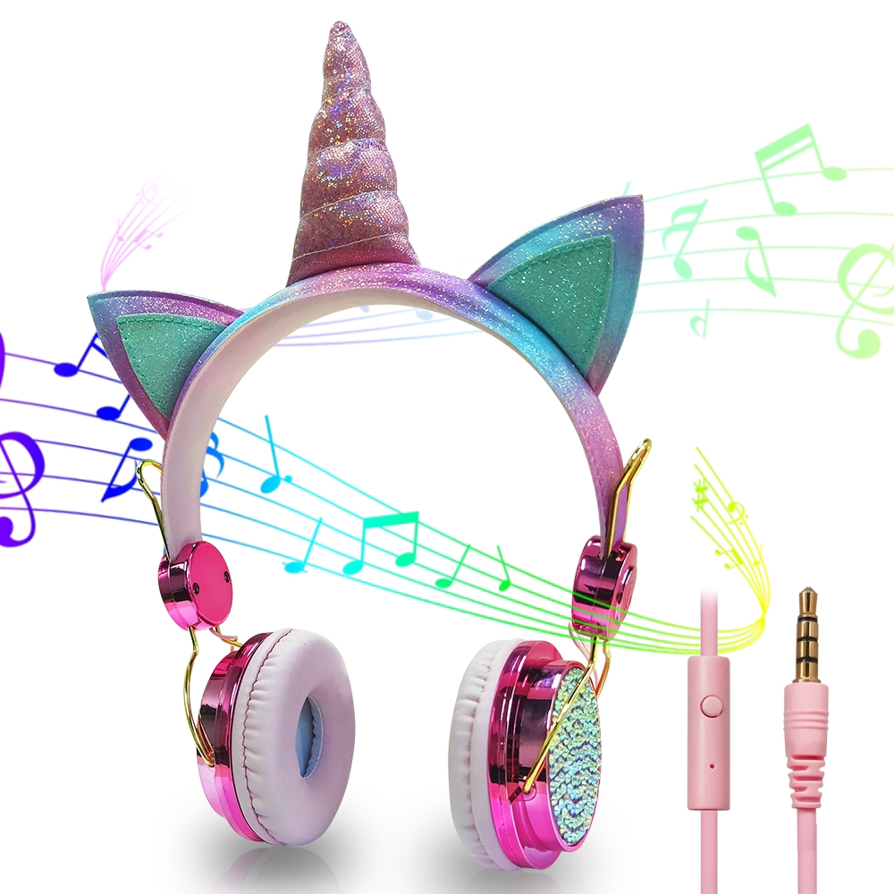 Tai nghe âm nhạc stereo kiểu mẫu Unicorn với cáp và micro cho bé gái Headphones