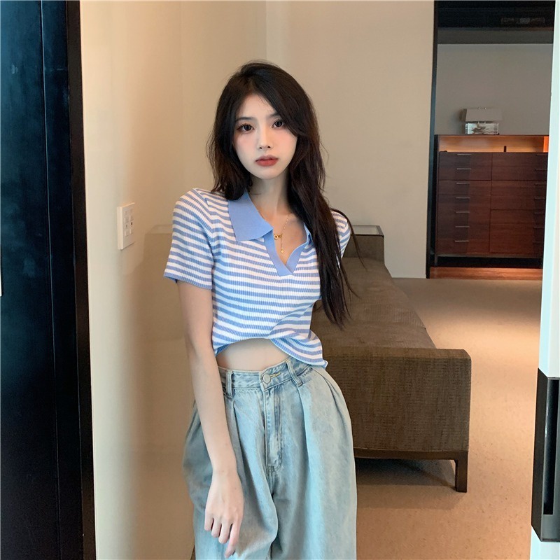 Áo Thun POLO Dệt Kim Ngắn Tay Họa Tiết Kẻ Sọc