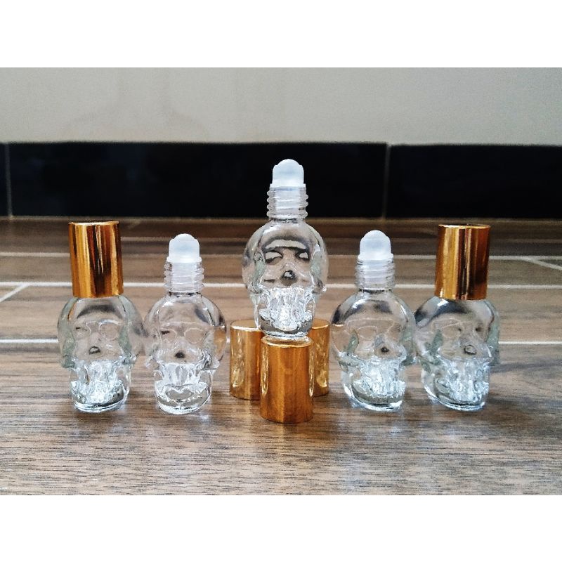 Bình Thủy tinh đầu lâu 10ml bi lăn Nắp Nhôm màu vàng ánh kim đựng nước hoa chiết tiện dụng bỏ túi ví bóp