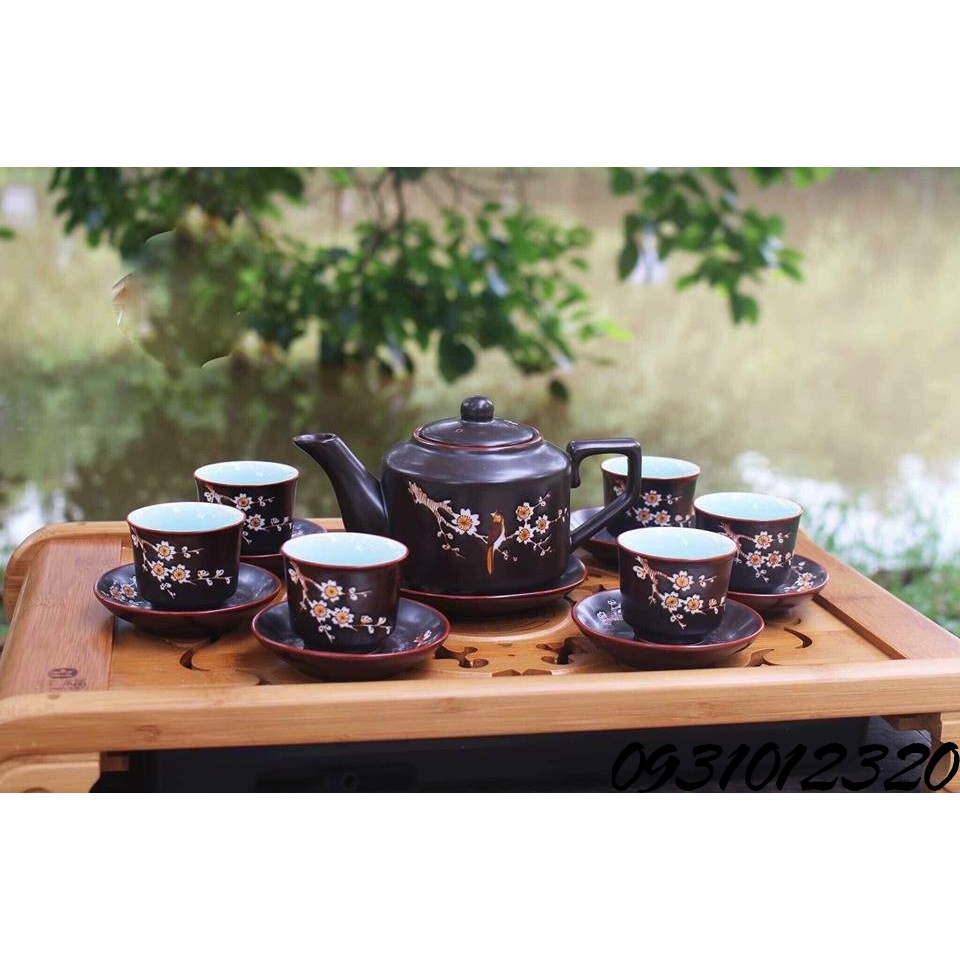 bộ ấm chén pha chè nâu khắc vẽ đào
